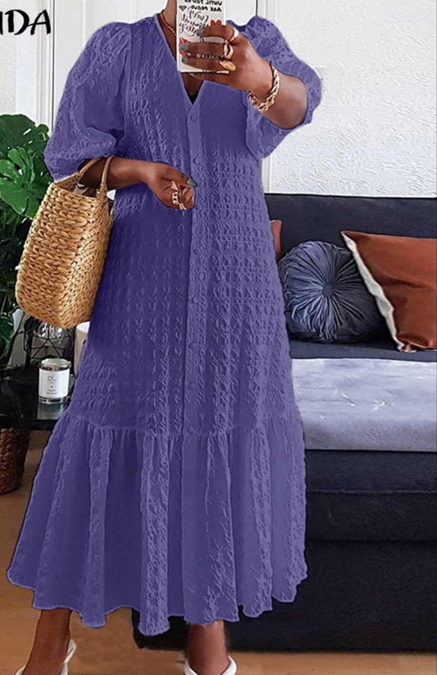 Solid Ruffled Hem Bohemian Button-Up V-Neck Puff 1/2 Sleeve Maxi Shirt Dress to 5X