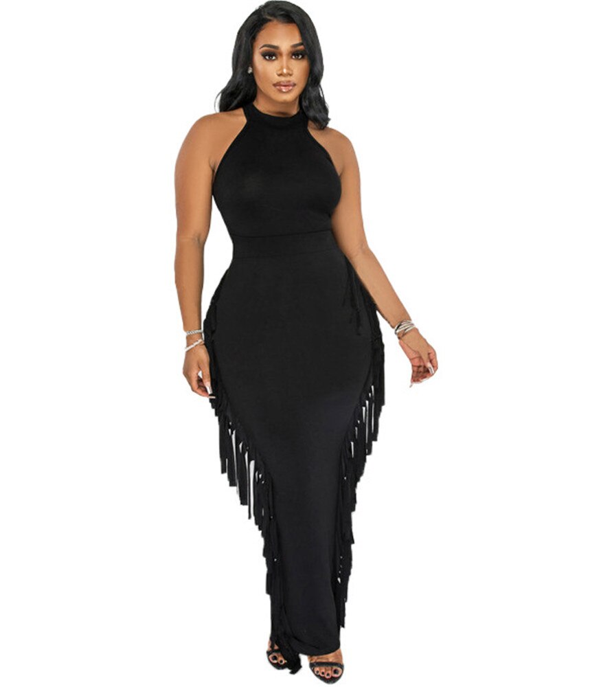 Tassel Design Sleeveless Top + Bodycon Maxi Skirt Matching Set