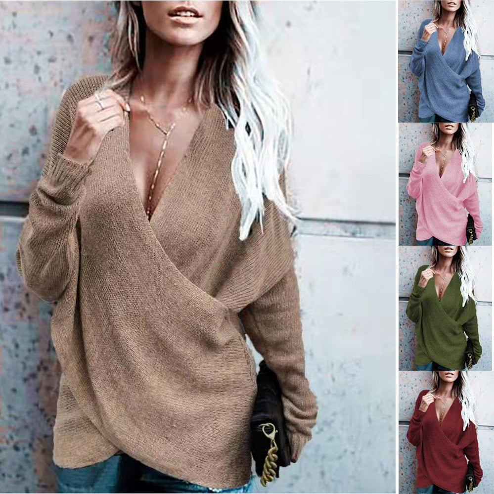 Loose Oversized Women's Solid Color V-Neck Sweater to 3X Plus