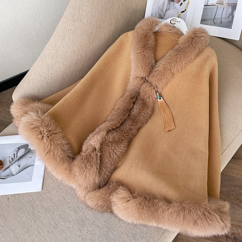 Solid Wool Fox Fur Collar Cheongsam Cloak Retro Tassel Shawl