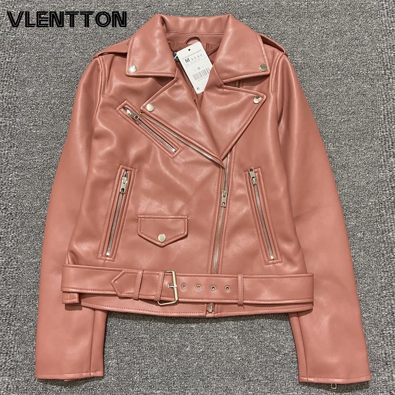 Faux Leather Ladies Biker Jacket Solid With Belt Zipper