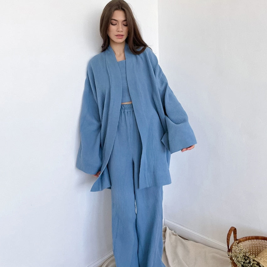 Japanese Kimono 2-Piece Set 100% Cotton Loose Ladies Pajamas