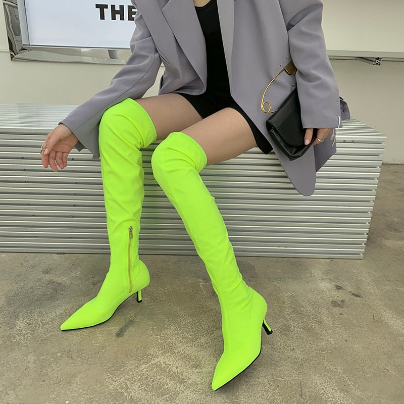 Candy Color Over-The-Knee Pointed Toe Side Zipper Green/Pink/Black/Purple Stretch Fabric Boots