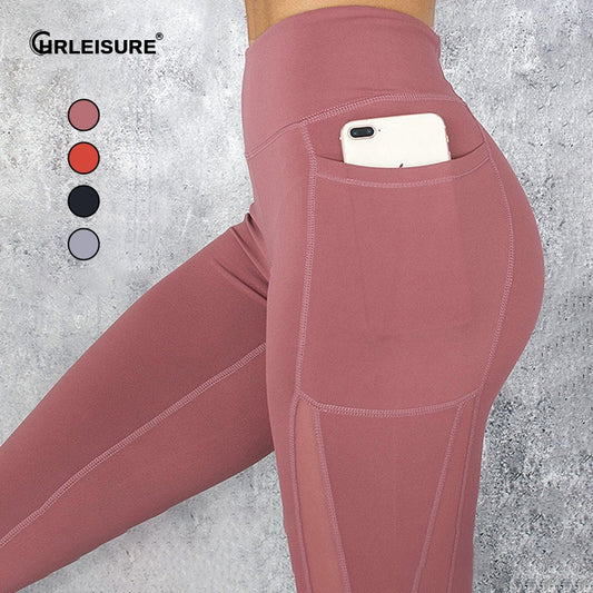 Pocket Leggings Women Mesh Splicing Quick Dry Pants Gym Breathable High Waist Push Up Fitness Casual Leggings