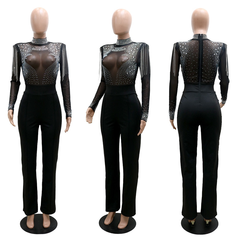 High Collar Hot Drill Mesh Shoulder Long Sleeve Jumpsuits OR Dresses Plus to 2X