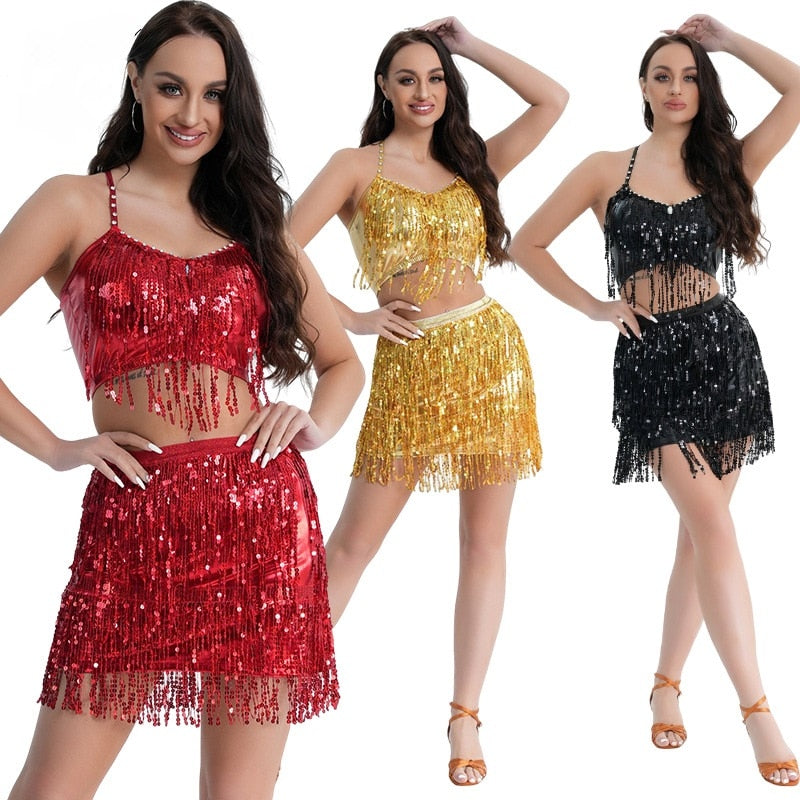 Sequin Metallic Tassel Tank Top + Elastic Waist Fringe Mini Skirt 2-Piece Set