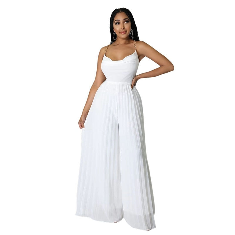 Pleated Chiffon Spaghetti Chain Strap Backless Wide Leg Jumpsuit