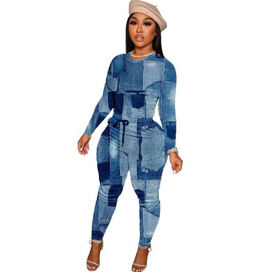 Mock Denim Print Tracksuit Women Casual Long Sleeve Shirt Top + Drawstring Sweat Pants Skinny Two Piece Set