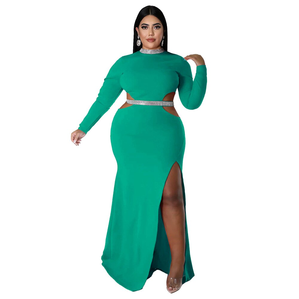 Holllow Out Long Sleeve Side Slit Plus Size Dress to 4X