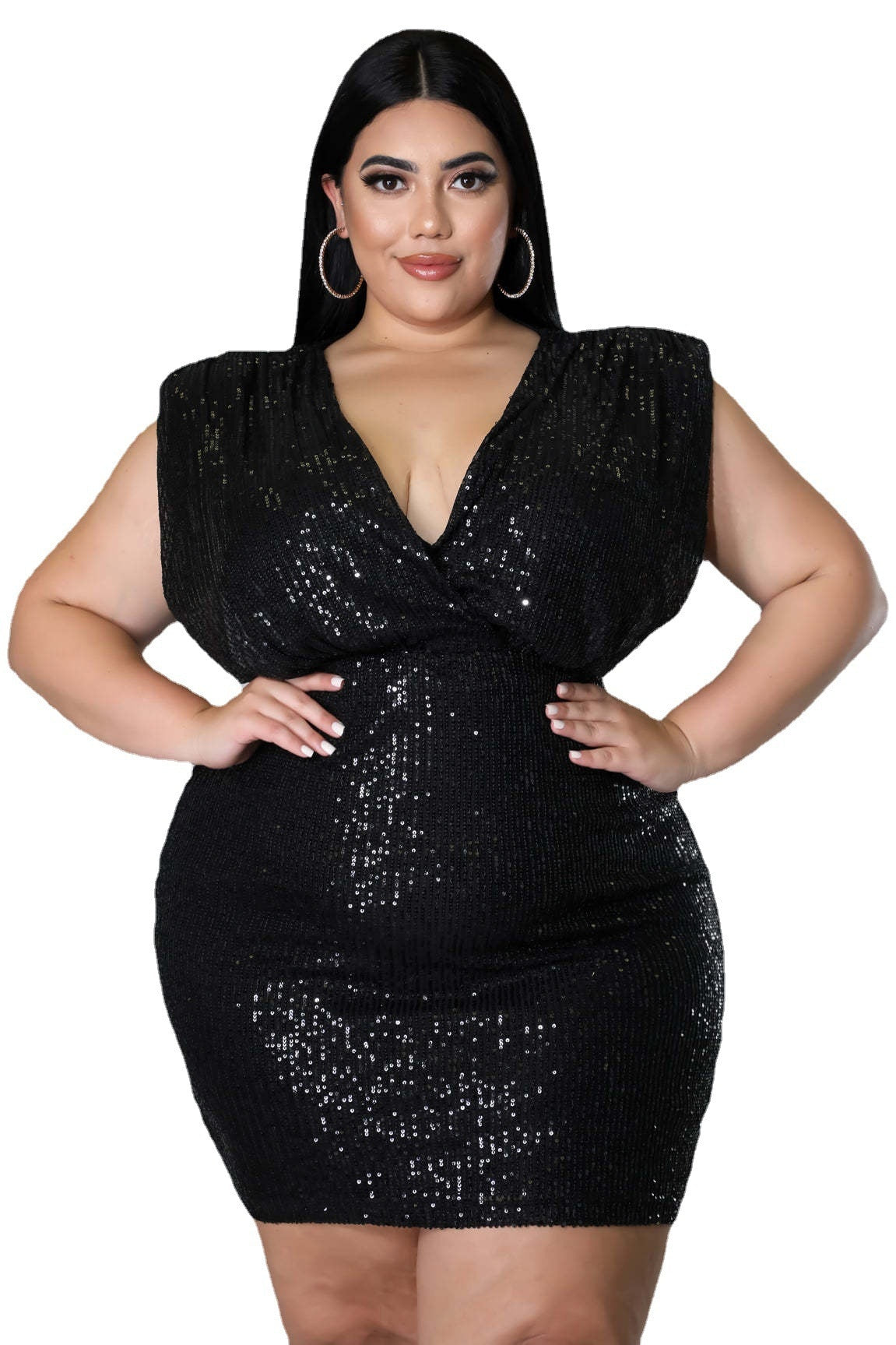 Sequin Sleeveless Deep V-Neck Hollow-Out Formal Mini Dress to 5X Plus Size