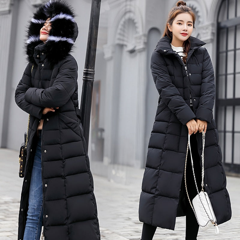 Quilted Hooded Goose Down Women's Bow Belt Fox Fur Collar Trenchcoat