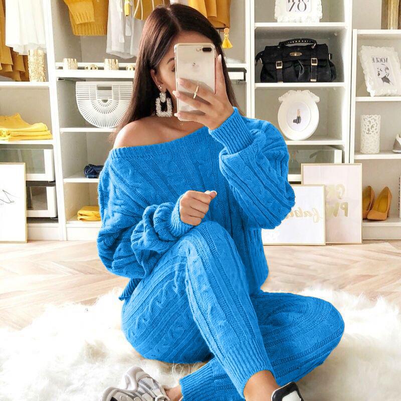 Dropped Shoulder 2-Piece Sweater Set w/ Knitted Pants to 5X