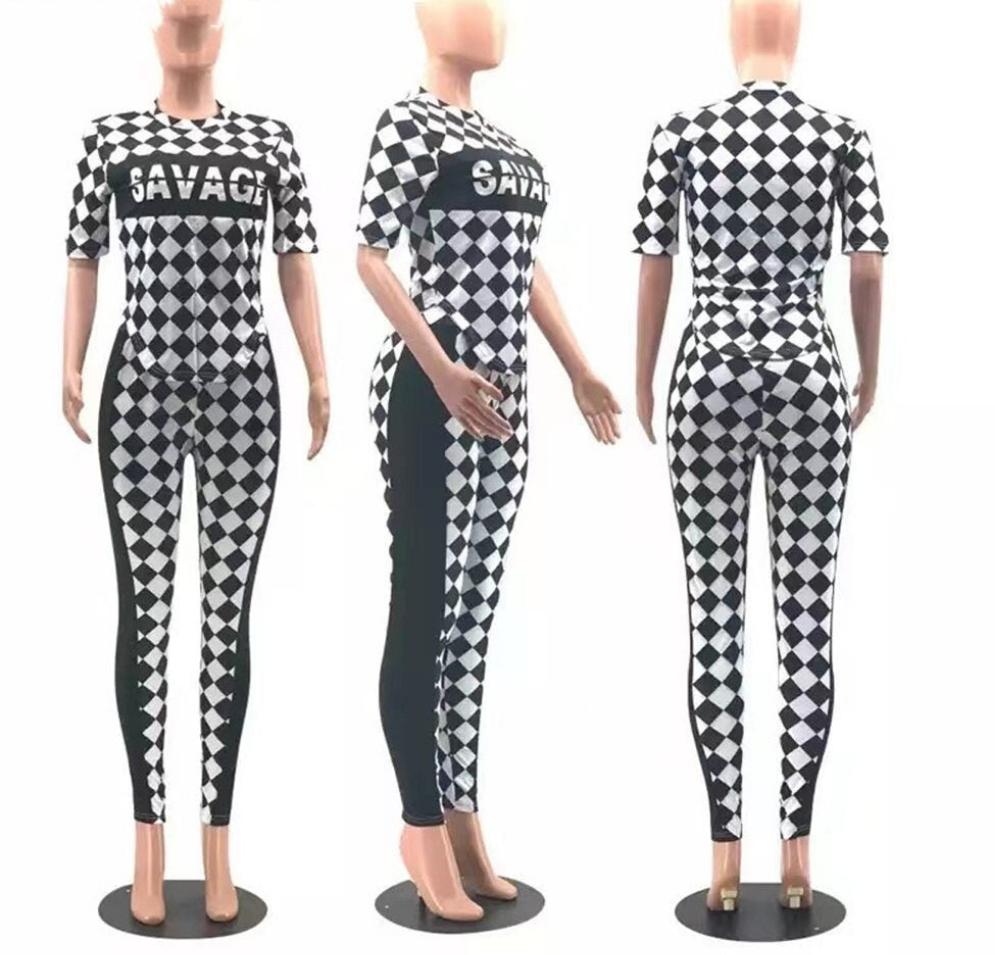 "Savage" Checkered Patchwork Crop Top + Pants Matching 2-Piece Set