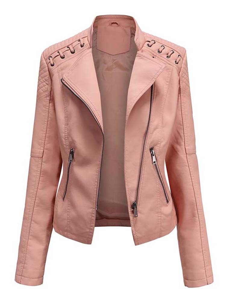 Faux Leather Ladies Zipper Slim Biker Motorcycle Jacket