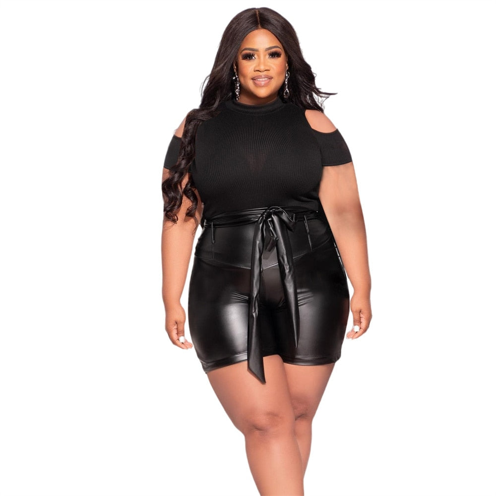 Black Solid Ladies PU Leather Shorts & Bodycon T-Shirt 2-Piece Set Plus Size to 4X