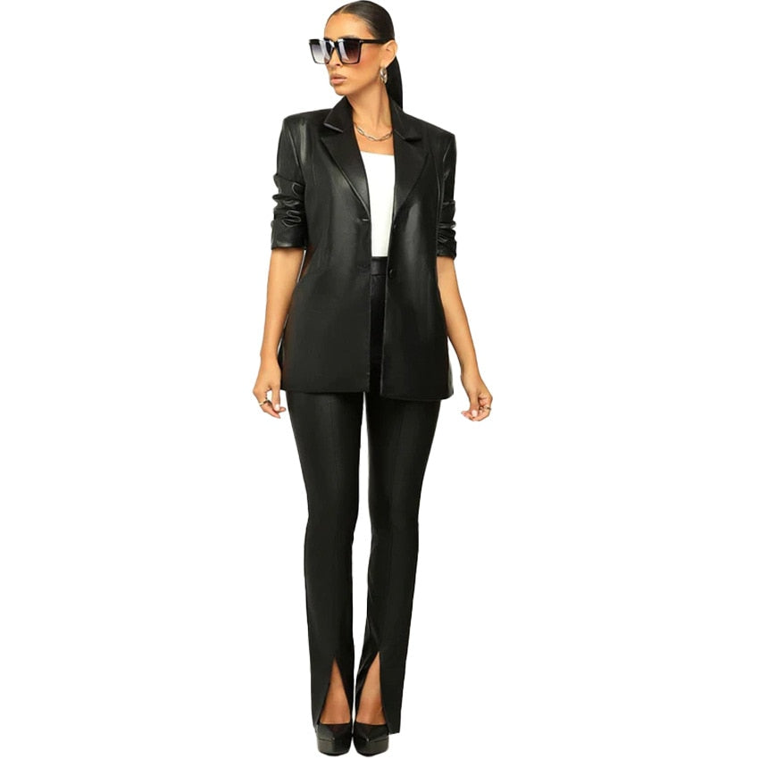 PU Leather Women's Notch Neck Blazer & Pants Office Suit