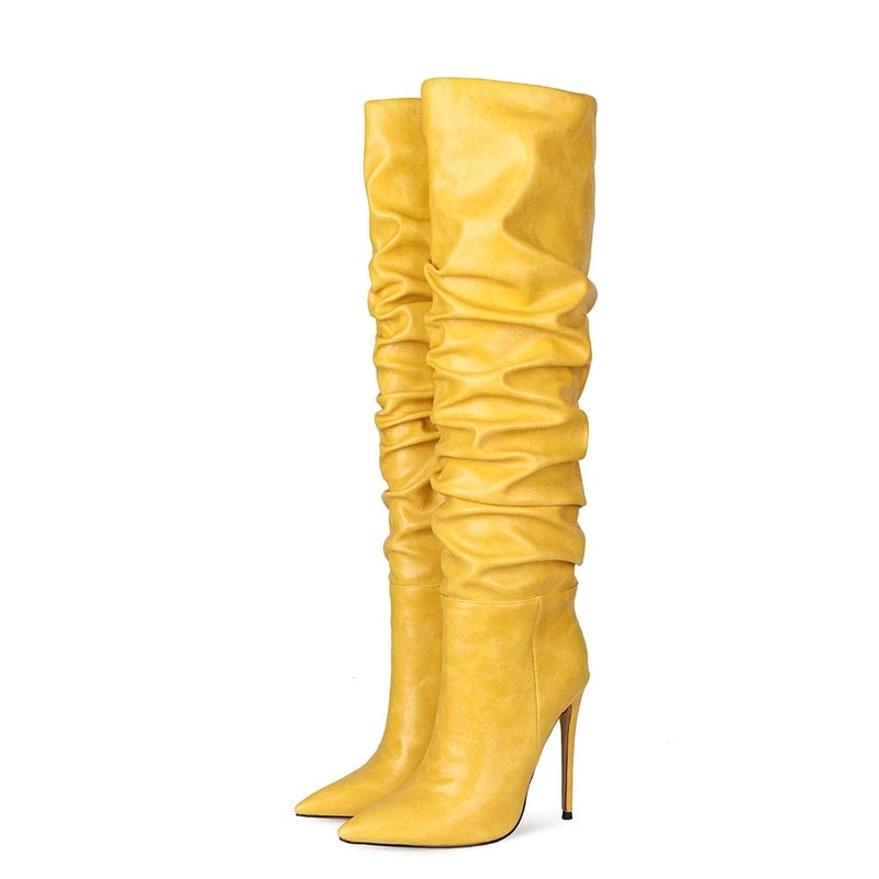 Pointed Toe Pleated Ruched Knee High Boots Ladies