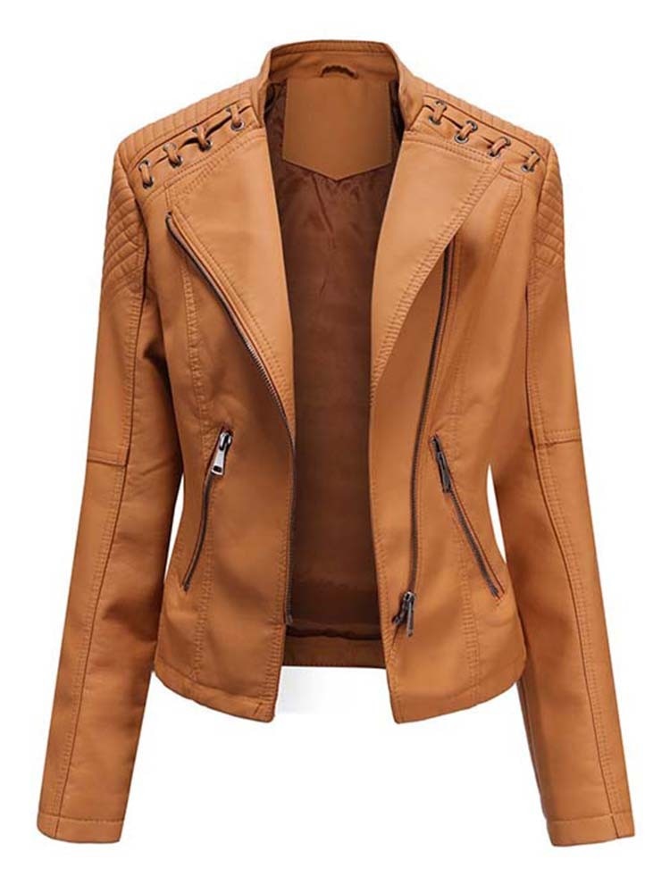 Faux Leather Ladies Zipper Slim Biker Motorcycle Jacket