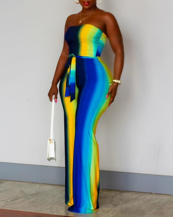 Ombre Colorblock Sleeveless Bandeau Jumpsuit w/ Belt