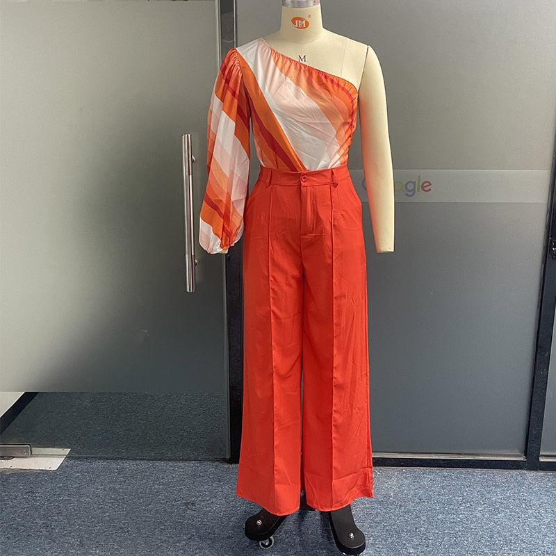 Striped Orange/White One Shouler Print Long Sleeve Blouse + Loose Wide Legs Pants 2-Piece Set