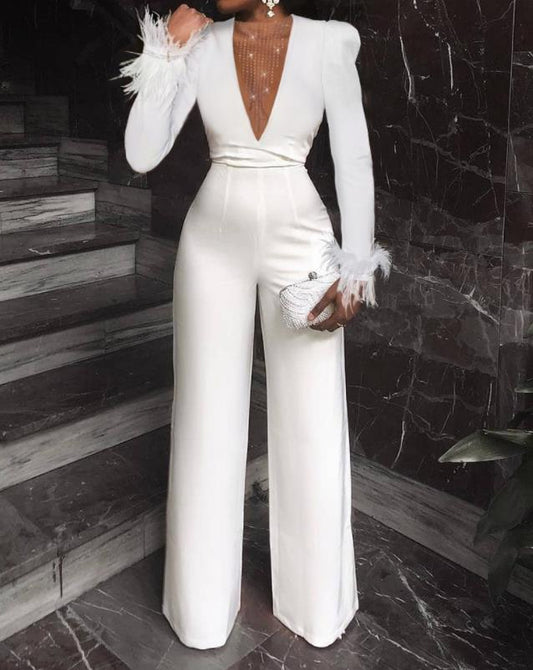 White Rhinestone Mesh Insert Feather Trim Plain V-Neck Long Sleeve Jumpsuit