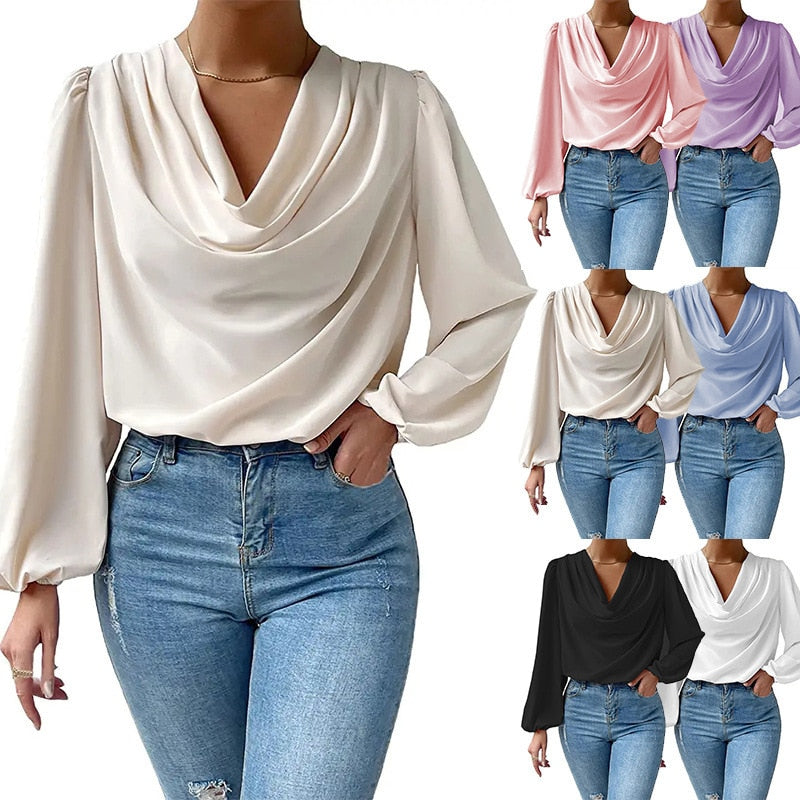 Draped Chiffon Lantern Sleeve Loose Blouse