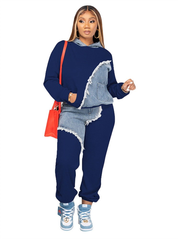 Patchwork Demin Decor Hoodie & Sweatpant Matching 2-Piece Set Plus to 4X