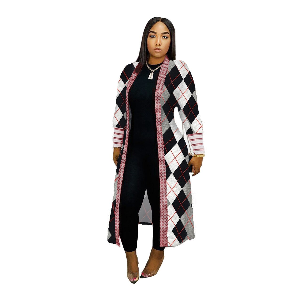 Geometric/Plaid/Leopard Print Ribbed Women's Long Sleeve Maxi Cardigan Sweater