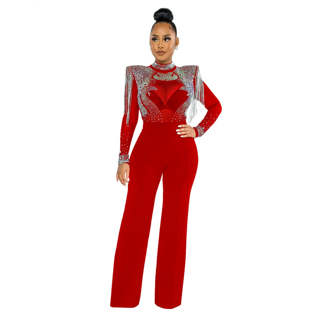 High Collar Hot Drill Mesh Shoulder Long Sleeve Jumpsuits OR Dresses Plus to 2X