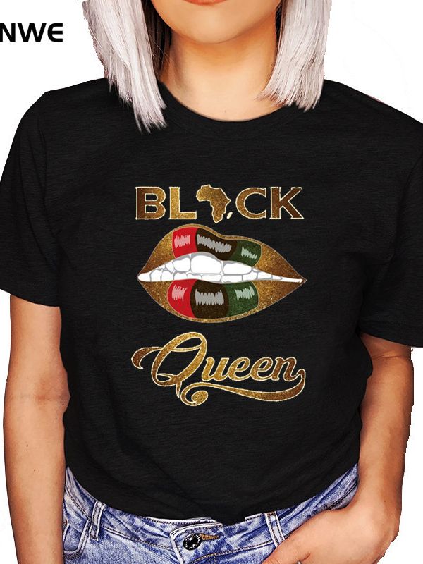 Women's African White T-Shirt Girl Black Queen Lip T-Shirt