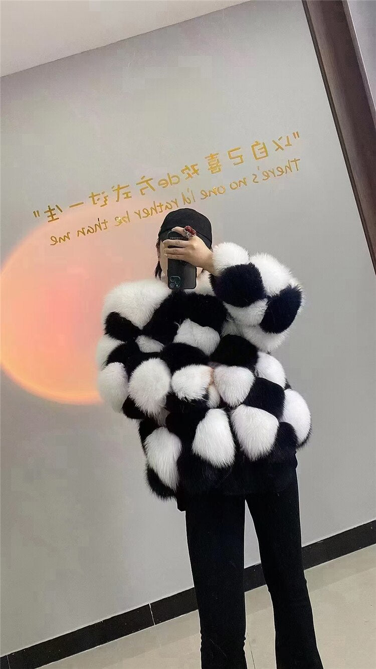 REAL FOX FUR Ladies Plaid Checkerboard Pattern Jacket