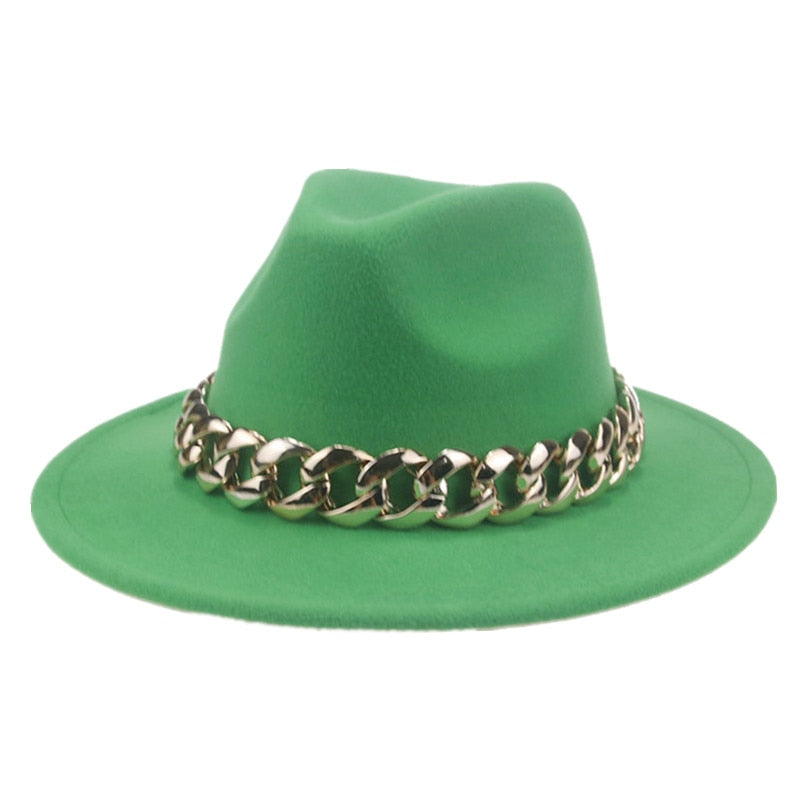 Unisex Gold Chain Design Wide Brim Panama Fedora Hat