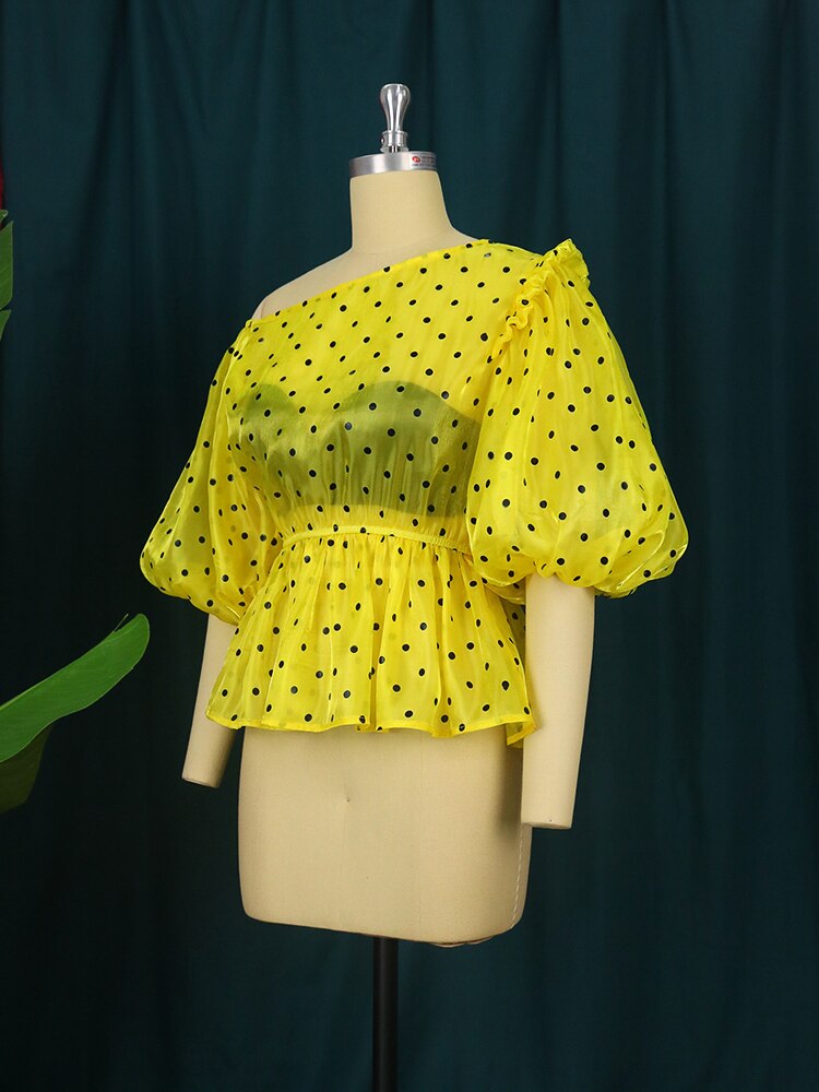 Off-the-Shoulder Yellow Polka Dot Short Puff Sleeve Blouse to 4X