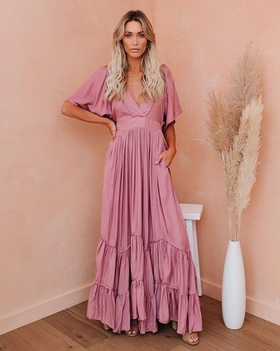 Tiered Vintage Pleated Solid Deep V-Neck Short Sleeve Maxi Dress