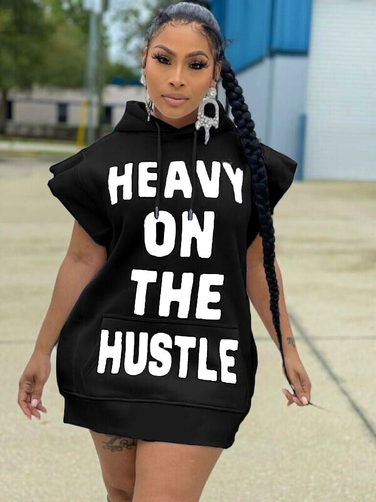 "Heavy On The Hustle" Drawstring Flared Short Sleeve Sweatshirt Hoodie Dress