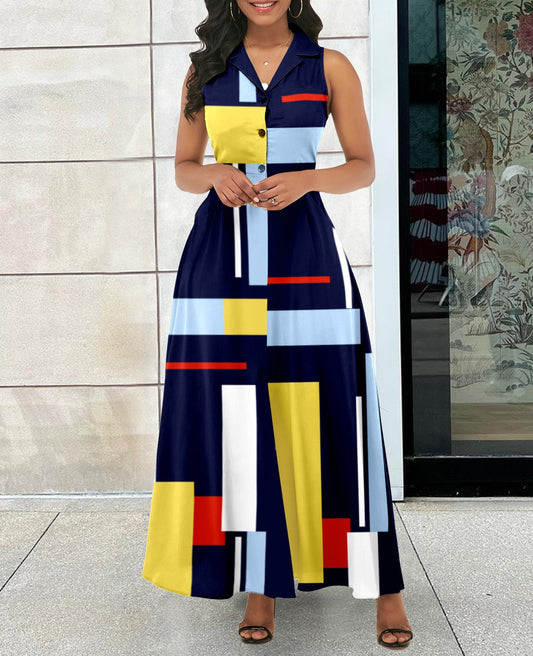 Geometric Colorblock Striped Print V-Neck Sleeveless Button Dress