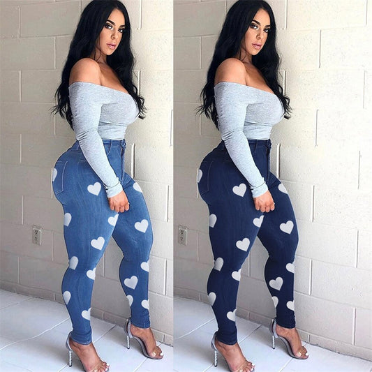 Vintage Heart Printed High Waist Skinny Women's Flare Jeans