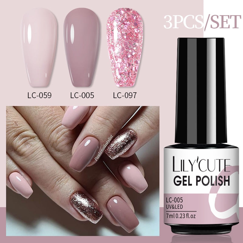 3 Piece Gel Polish Set: Winter Color Glitter Sequin Matte Effect Gel, Long Lasting Base Top Coat Nail Art Design