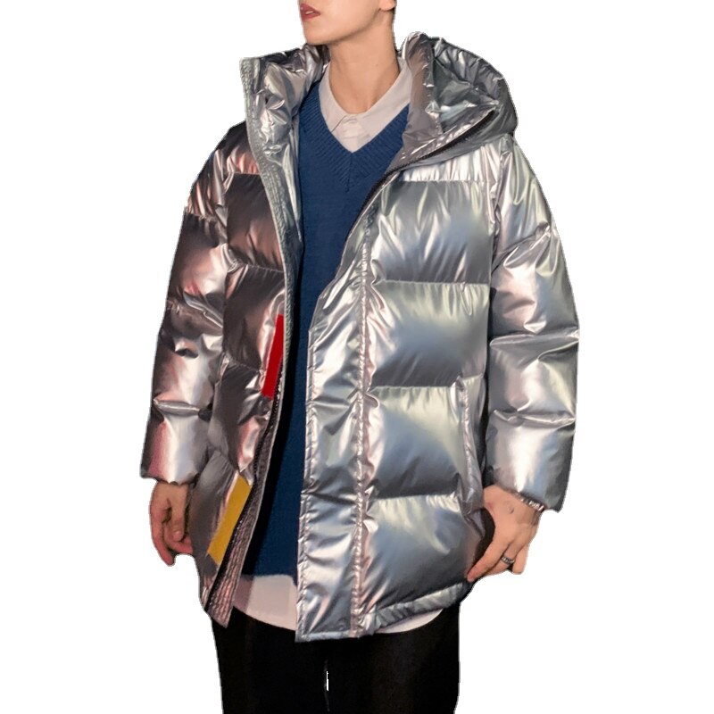 Metallic Shiny Men's Hooded Cotton Padded Puffer Bomber Jacket