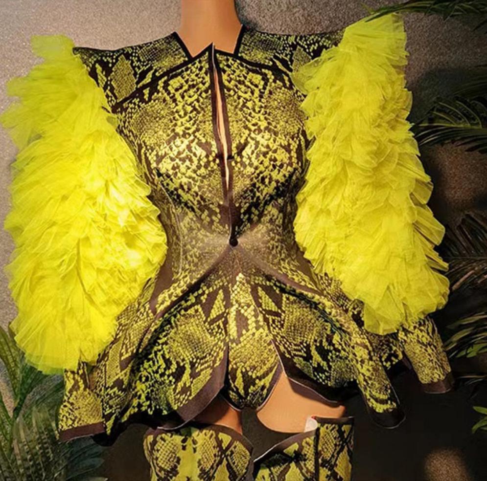 Fluorescent Green Snake Print Leotard Bodysuit, Blazer & Matching Over-The-Knee Boots 3-Piece Set