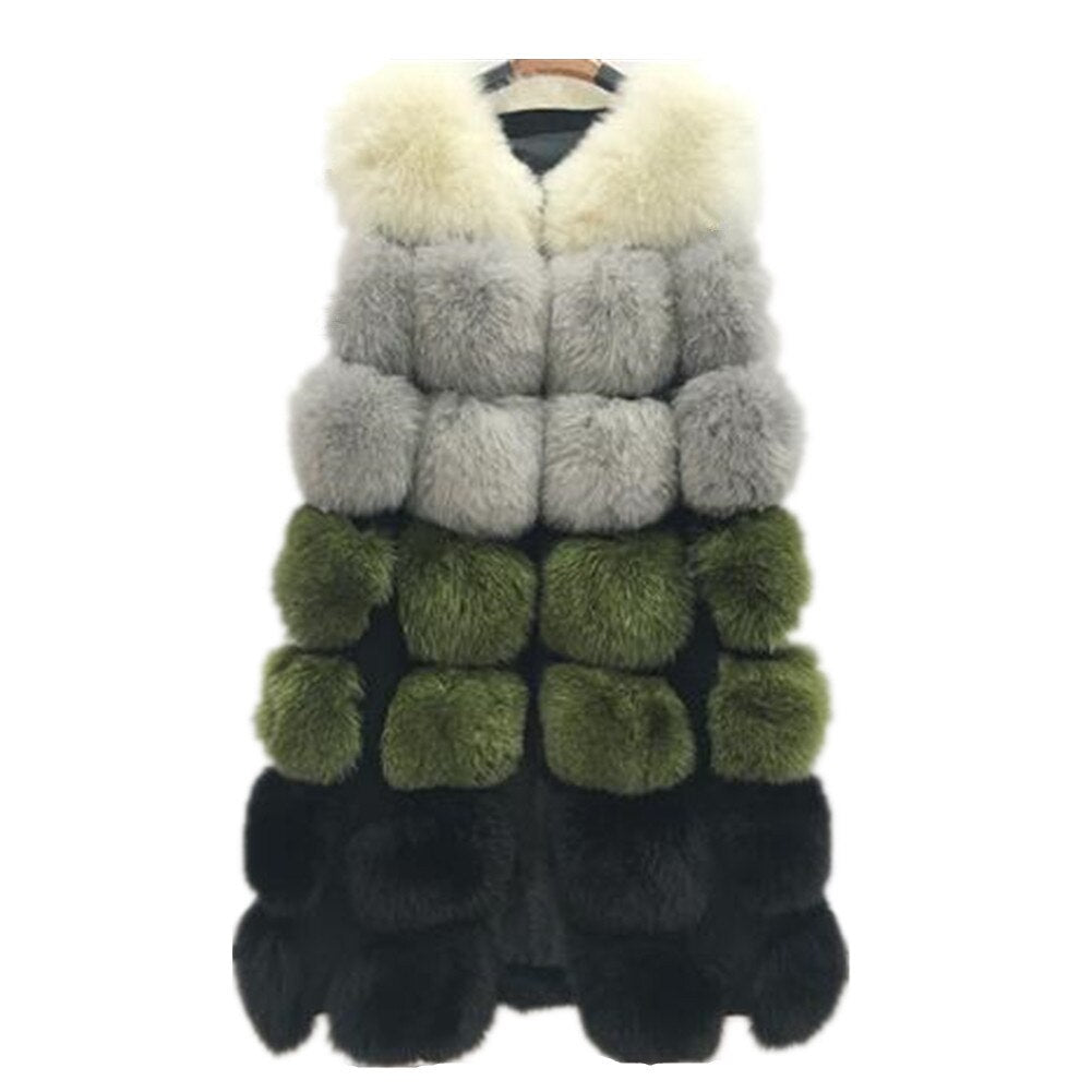 Women's Colorblock Long Faux Fur Vest Coat