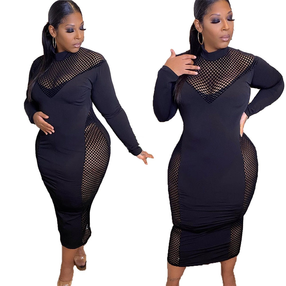 Transparent Black Mesh Plus Size Maxi Dress to 5X