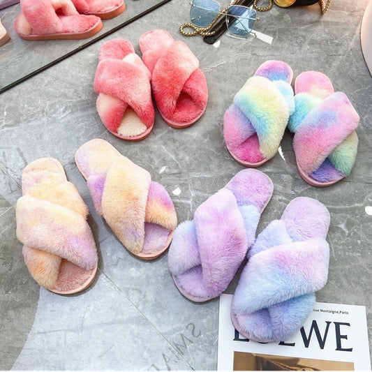 Mixed-Color Ladies Fur Slippers Rainbow Color Home Slippers