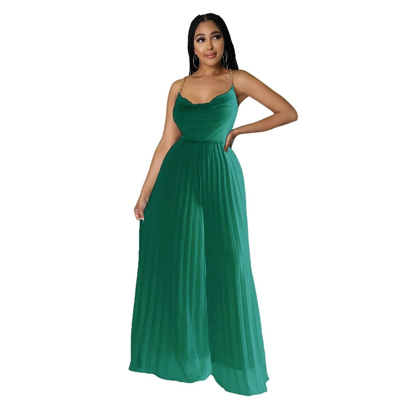 Pleated Chiffon Spaghetti Chain Strap Backless Wide Leg Jumpsuit