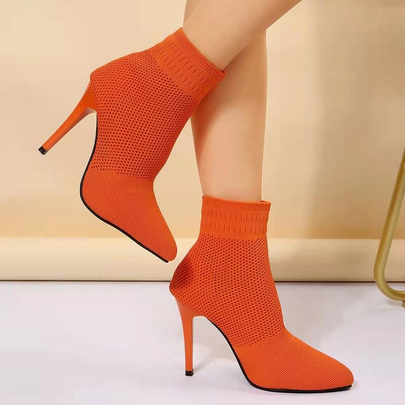 Solid Color Pointed Toe Knitted Slip On Sock Women's Ankle Boots