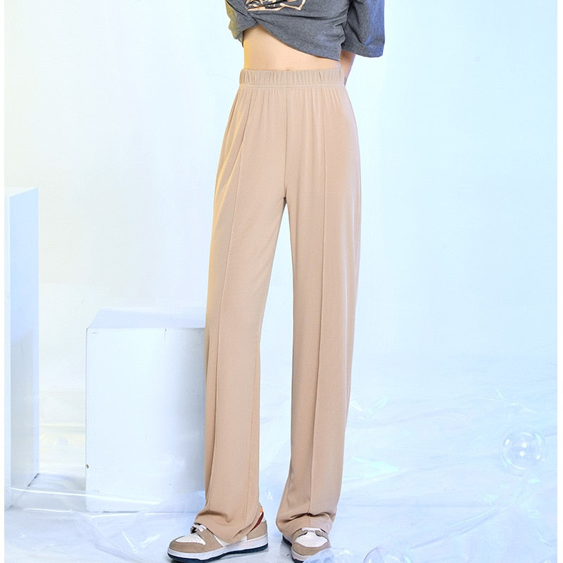 Wide Leg Straight Tube Knitted Women's Baggy Stretch Pants