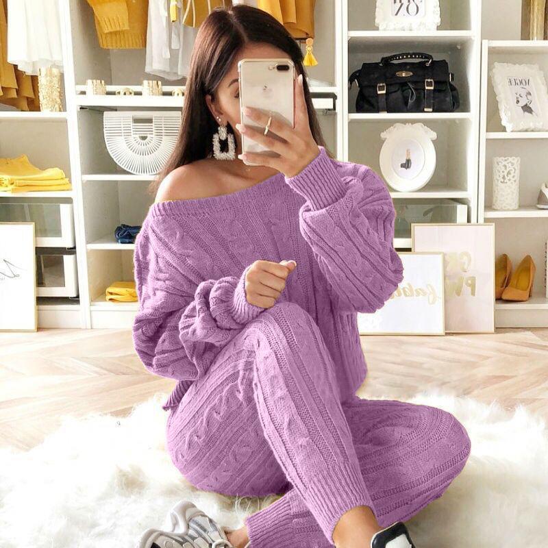 Dropped Shoulder 2-Piece Sweater Set w/ Knitted Pants to 5X