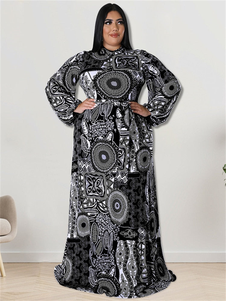 African Print Long Sleeve Maxi Dress Plus to 5X