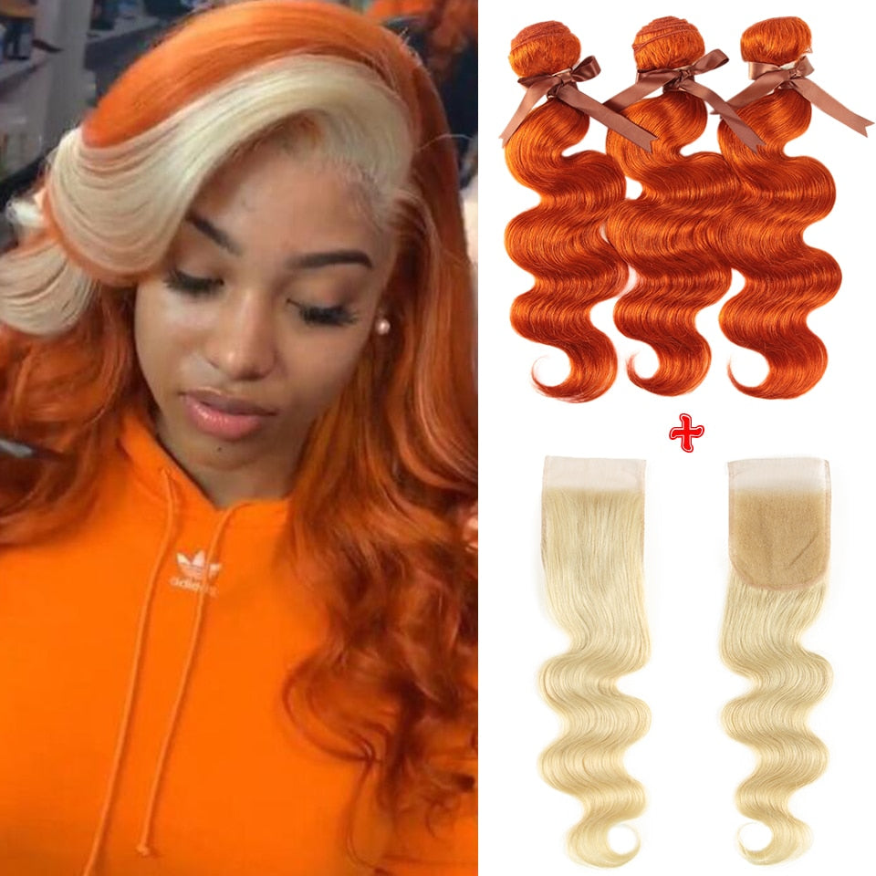 Remy Forte Blonde Body Wave Bundles With Closure Orange Brazilian Hair Weave Bundles 3 bundles Human Hair w/ Closure Fast US Shipping