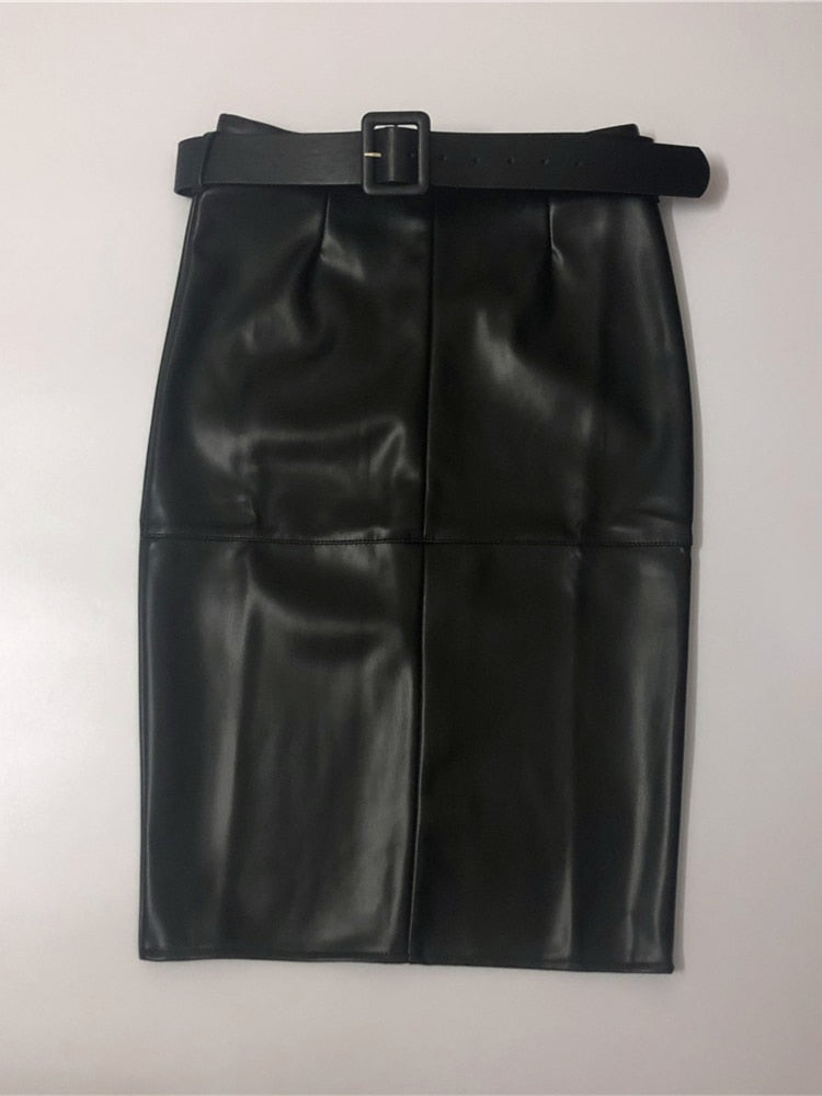 PU Leather Wrap Midi Waist Sheath Pencil Back Split Midi Skirt